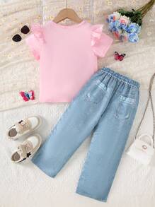 Conjunto de camiseta con estampado de lazo y pantalones con estampado de mezclilla sintética, estilo casual de moda para niña en verano