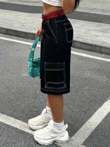 Damen Sommer Cargo Jeans-Capris mit weitem Bein und Klapptaschen - Schwarz - Übersicht 1