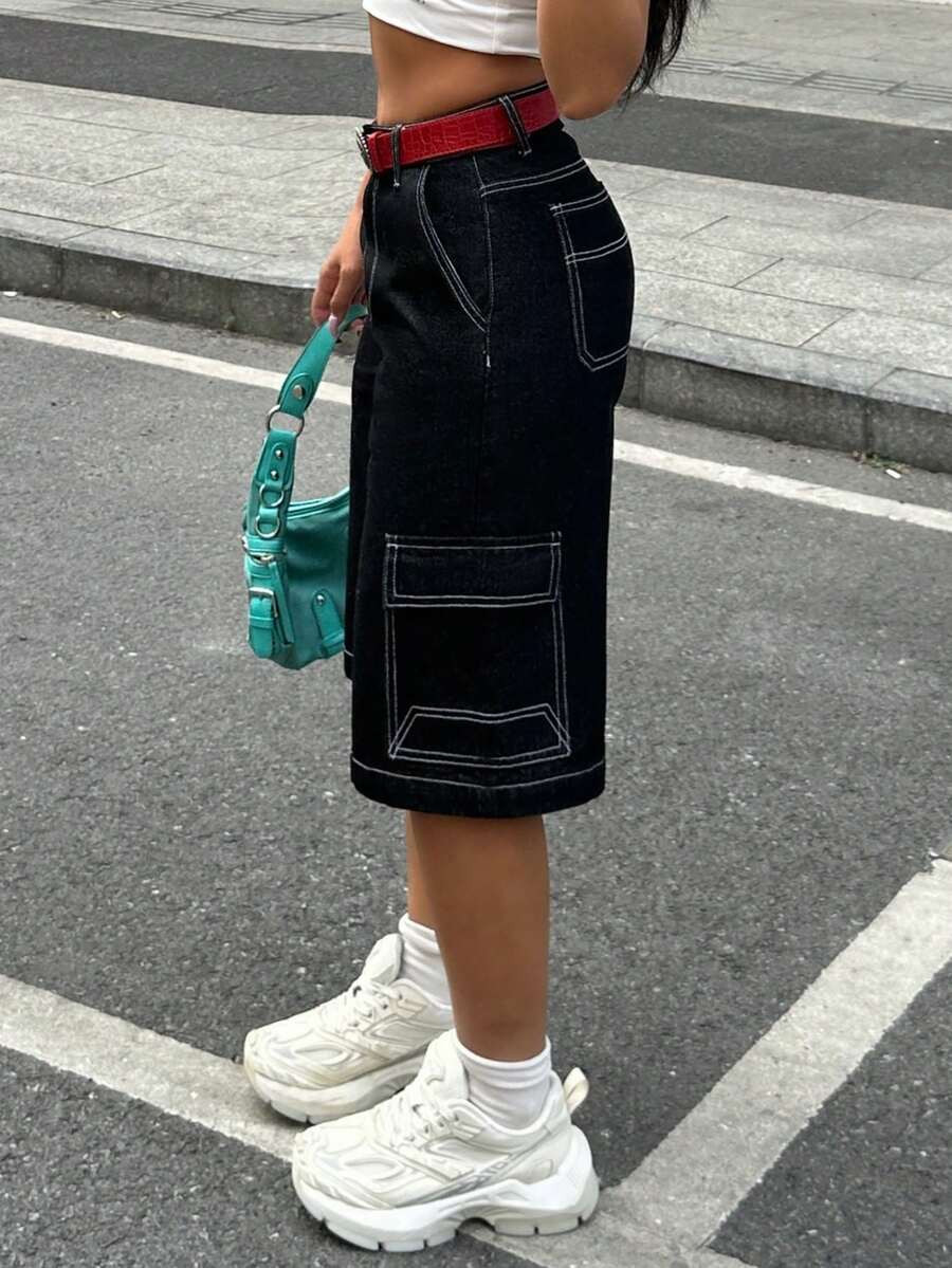 Damen Sommer Cargo Jeans-Capris mit weitem Bein und Klapptaschen - Schwarz - Übersicht 1