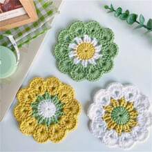 Cute Flower Cup Mat/Placemat, Crochet Heat Insulation Pad, Handmade Yarn Bowl Crochet Set