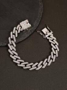 Conjunto de collar y pulsera de eslabón con efecto de hielo - Joyería con brillos de estilo hip hop para hombres
