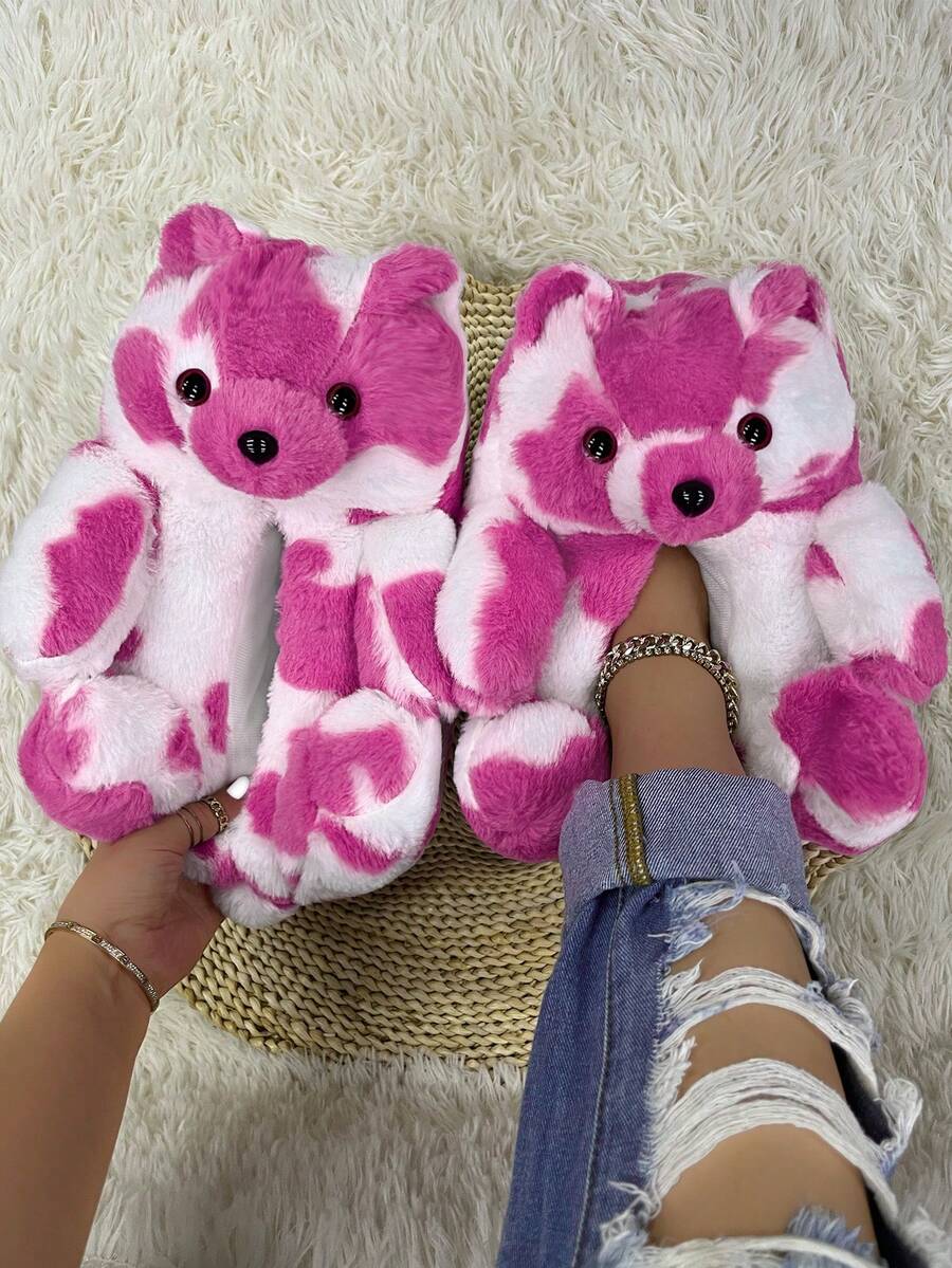 Fun And Cute Teddy Bear Warm Shoes Indoor Home Bear Shoes - 玫紅乳牛 - 查看 1