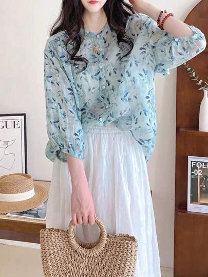 YUXIN Summer Loose Retro Ditsy Floral Stand Collar 3/4 Sleeve Blouse For Women