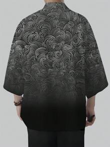 男士橄榄绿花卉图案和服式上衣，轻便休闲沙滩上衣，宽松版型，涤纶材质