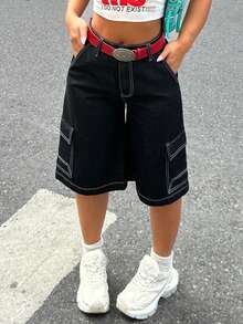 Damen Sommer Cargo Jeans-Capris mit weitem Bein und Klapptaschen - Schwarz - Übersicht 2