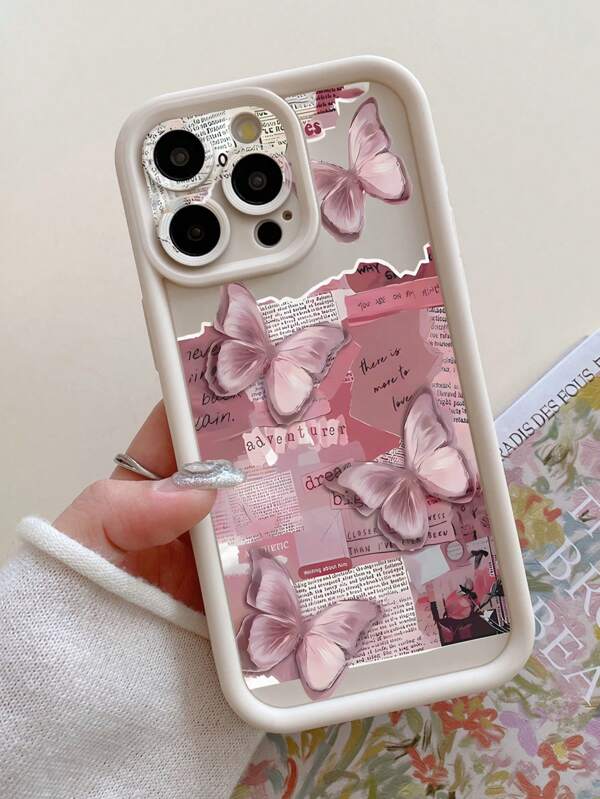 1pc Butterfly & Newspaper Collage Pattern Shockproof Thick Phone Case With Lens Hole Design, Compatible With IPhone 11 Pro Max, 12 Pro Max, 13 Pro Max, 14 Pro Max, 15 Pro Max, 16 Plus, 16 Pro Max, 16E, Galaxy A55, A15, S24 Ultra, Redmi, OPPO, Realme, VIVO, Infinix, Honor, MOTO, One Plus Waterproof Anti-Fall Scratch Resistant