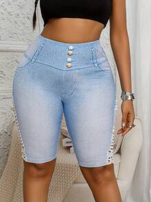 Plus Size Women's Tight Leggings, Side Hollow Out Lace Trim Design, Denim Effect Elastic Casual Shorts - Baby Blue - View 3