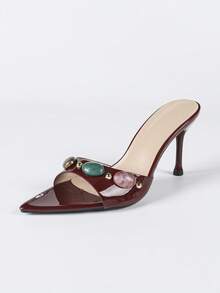 Sandales à talons hauts avec strass décoratifs et bout pointu pour femmes, talons hauts élégants et sexy pour soirée haut de gamme/mariage en rouge vin