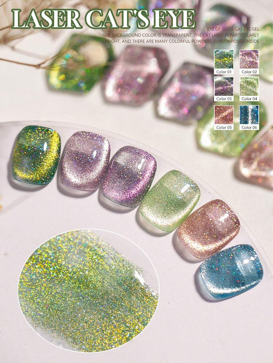 Miss Leia 6件装15ml夏日闪光彩色激光猫眼凝胶指甲油新款美白高密度绿紫蓝棕磁性指甲油流行色凝胶清漆初学者美甲套装半永久可浸泡UV LED固化适用于美容院美甲店DIY居家度假旅行女士礼物美甲设计 - 彩色 - 查看 1