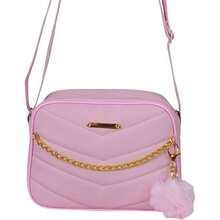 Elegant Women's Small Crossbody Bag With Chain + Pompom Keychain - Baby Pink - View 2