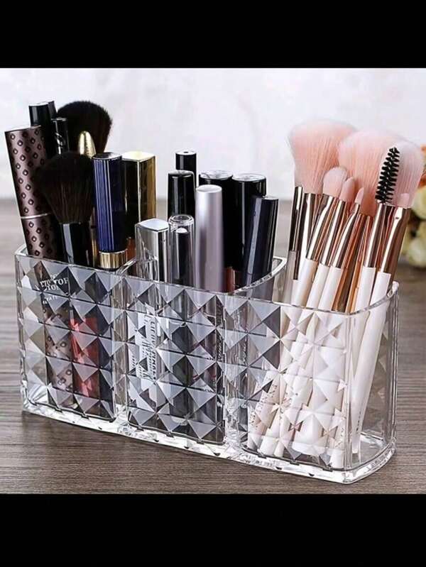 1 PIEZA Organizador de maquillaje elegante de acrílico transparente con diseño geométrico - Caja de almacenamiento de cosméticos de 3 compartimentos para brochas, lápices de cejas y artículos de belleza esenciales, sin plástico, brochas de maquillaje