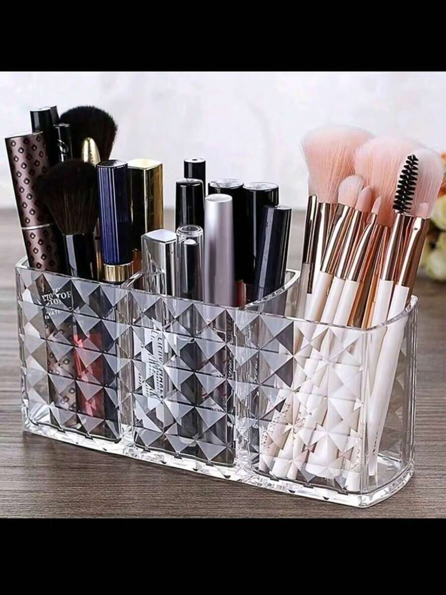 1 PIEZA Organizador de maquillaje elegante de acrílico transparente con diseño geométrico - Caja de almacenamiento de cosméticos de 3 compartimentos para brochas, lápices de cejas y artículos de belleza esenciales, sin plástico, brochas de maquillaje