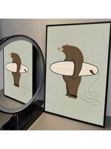 1buc Afiș din pânză amuzant cu animale de surfing, fără cadru, decor de artă de perete, retro, bar, cafenea, pictură decorativă vintage, cadou perfect de artă, cadouri pentru ziua de absolvire ﻿