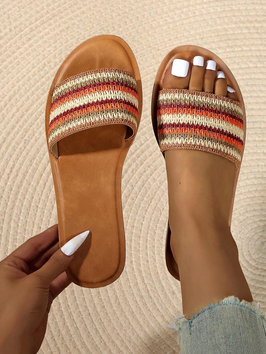 Sandálias rasteiras bordadas femininas, chinelos estilo boêmio, chinelos com estampa floral aleatória, adequados para festas e férias - Cor - Ver 1