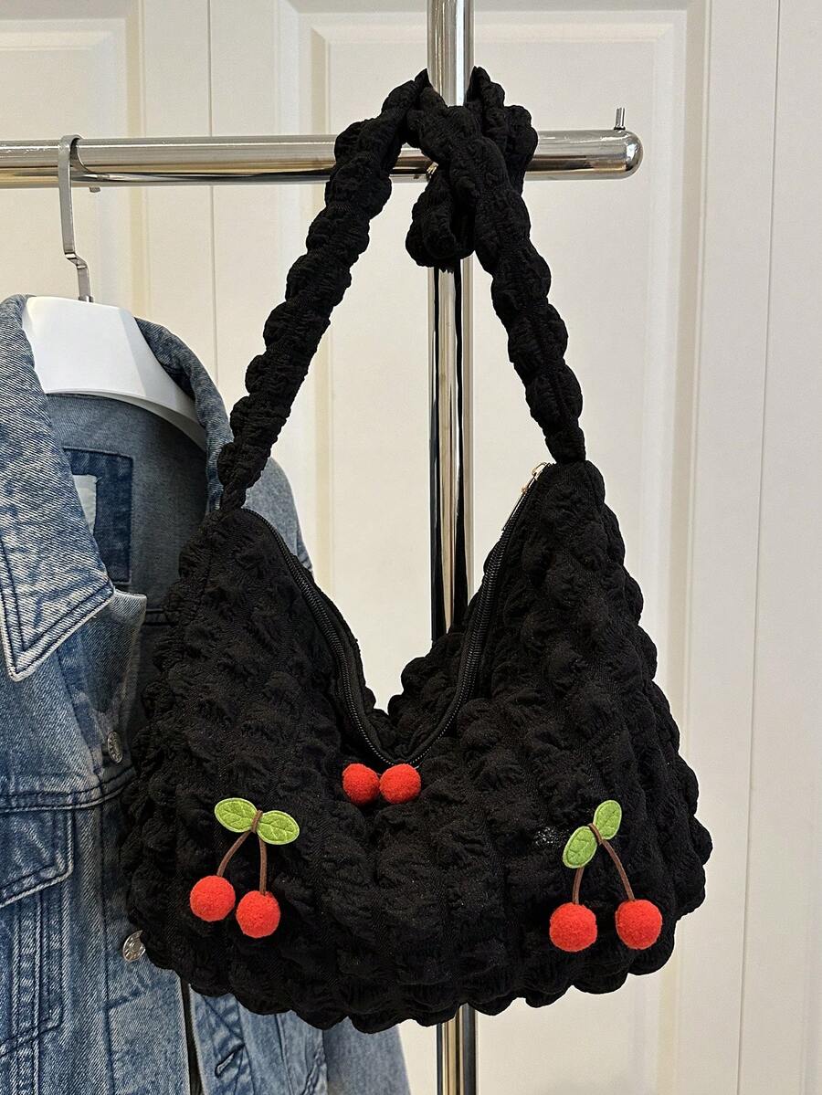 Túi đeo vai in họa tiết anh đào dung tích lớn mềm mại, túi xếp ly mây đi làm thường ngày, phong cách Hàn Quốc - màu đen - Xem 1