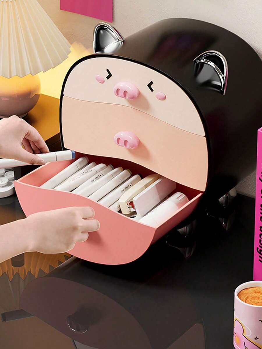 Cute Cartoon Pig Cosmetic Storage Box, Multi-Functional Desktop Makeup Organizer For Bedroom Vanity, Home Decor - Multicolor - View 1