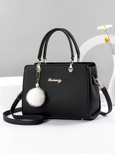 2 件/1 件女士纯色手提包和钱包套装，带 PU 皮革和毛球饰物，拉链开合，母亲节/情人节礼物，优雅女士手提包、单肩包、斜挎包、大容量手提包