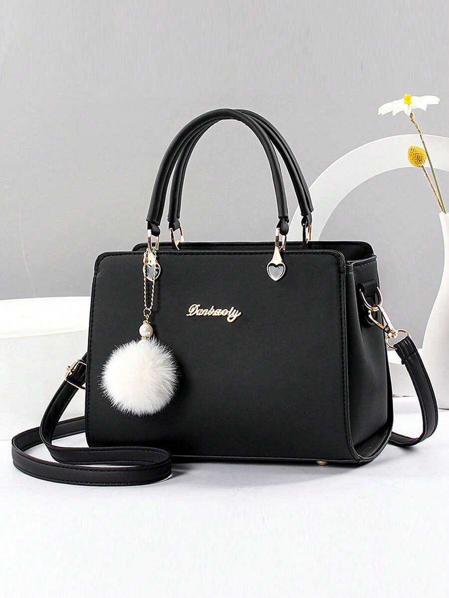 2 件/1 件女士纯色手提包和钱包套装，带 PU 皮革和毛球饰物，拉链开合，母亲节/情人节礼物，优雅女士手提包、单肩包、斜挎包、大容量手提包 - 彩色 - 查看 1