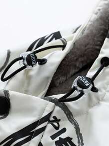 Men's Long Sleeve Fashion Letter Graffiti Foil Print Casual Hooded Jacket With Big Pockets And Zipper, Warm Thermal Lined, Versatile For Winter - White - View 3