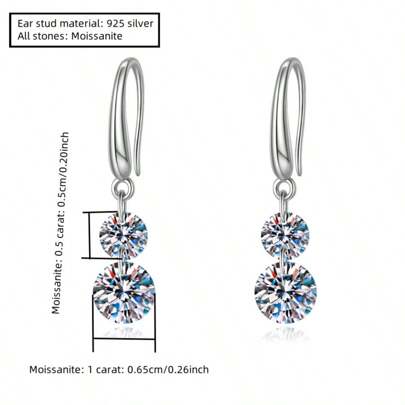 KAHOOT A Pair Of 925 Silver 1.5 Carat Double Round Moissanite Classic Casual Elegant Romantic Temperament Classic Versatile Earrings, Suitable For Daily And Wedding Banquets, Parties And Dances, Suitable For Valentine's Day, Christmas, Thanksgiving, New Year's Day, Birthday, Anniversary, Dance, Adult Ceremony, Festival Gifts