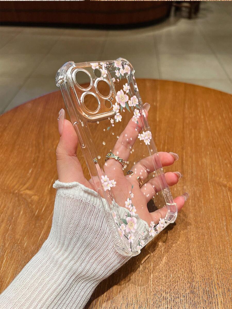 1pc Minimalist Cherry Blossom Design Transparent TPU Protective Case, Compatible With Apple 16, 16 Plus, 16 Pro Max, 16 Pro, 11, 15 Pro Max, 14 Pro Max, Compatible With Galaxy, Compatible With Realme C15, Compatible With Infinix Hot30i, K60 Ultra, Compatible With Redmi A5/Note 14 Soft Case Waterproof Shockproof Anti-Fall Scratch Resistant - Clear - View 1