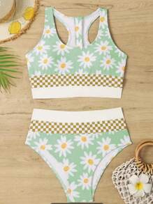 2pcs Casual Sunflower & Daisy Floral Pattern Swimwear, Summer Beach Vacation