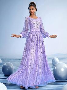 GIFORU 皇家紫色晚礼服，腰部手工串珠，袖口喇叭形 - 奢华水晶刺绣舞会礼服，红毯婚礼舞会礼服，华丽雪纺优雅，自然风格细节，正式派对礼服，适合婚礼宾客 - 紫丁香色 - 查看 10