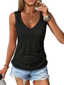 3pcs Women Casual Sleeveless V-Neck Tanks - Loose Fit Solid Color Tops (Black/Grey/Pink), Machine Washable, Versatile For All Seasons, Daily Wear, Pleated Design, Comfortable