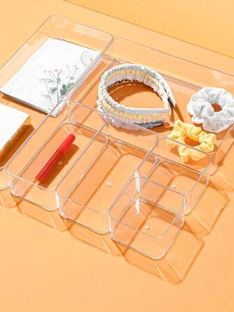 1pc Drawer Makeup Storage Box, Lipstick & Perfume Organizer, Vanity Skincare Products Container, Clear Multi-Size Combination Lotion & Cream Sample Box, Suitable For Cosmetics Storage, Bathroom Cabinet, Office Supplies, Kitchen Tool Rack