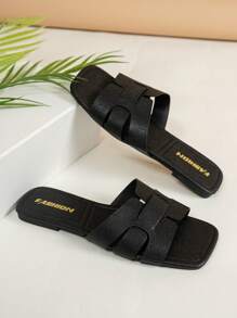 2025 Women Summer New Leather Square Toe Flat Plus Size Casual Fashion Sandals Slippers, Black