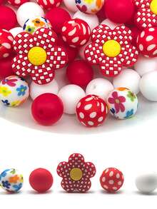 30 Silicone Beads, 15mm Printed Round Beads Paired With Loose Checkered Flower Spacer Beads, Suitable For Handmade DIY Jewelry Making, Bracelets, Necklaces, Keychains/Pen Beads, Mobile Phone Pendants, Bag Accessories, Birthday Gifts, And Gifts For Women.