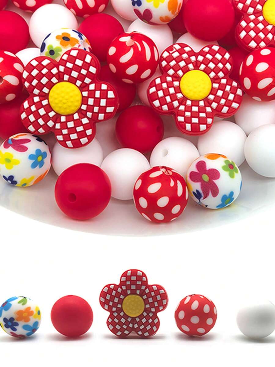 30 Silicone Beads, 15mm Printed Round Beads Paired With Loose Checkered Flower Spacer Beads, Suitable For Handmade DIY Jewelry Making, Bracelets, Necklaces, Keychains/Pen Beads, Mobile Phone Pendants, Bag Accessories, Birthday Gifts, And Gifts For Women.