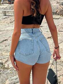 Top Simple Casual Basic Versatile Women's Mid-Waist Side Slit Denim Shorts - 中等水洗藍 - 查看 6