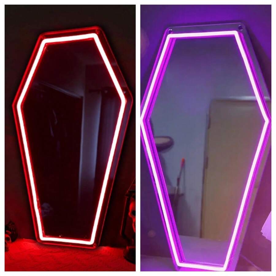 1 pièce Miroir lumineux en forme de cercueil - 23*42,4 cm/9*16,7 po - Alimenté par USB - Luminosité réglable - Miroir mural LED violet, blanc, rouge - Facile à monter - Décoration murale - Art mural - Décoration polyvalente - Convient pour la fête, la maison, la chambre, le bar, le bureau, etc. - Créez des souvenirs uniques ! Un excellent cadeau pour vous et vos proches.
