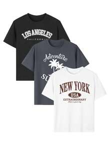 3 件/套青少年女孩休闲印花圆领短袖 T 恤，酷炫风景画设计夏季学生 - 时尚 T 恤为每个孩子带来欢乐和幸福！