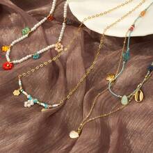 Women Layered Necklaces - Collar multielemento de concha de doble capa de acero de titanio - color dorado - Ver 3