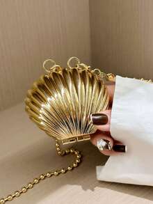 设计师珍珠链女士斜挎包金属外壳迷你单肩包钱包包 - 香檳色 - 查看 3