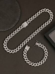 Conjunto de collar y pulsera de eslabón con efecto de hielo - Joyería con brillos de estilo hip hop para hombres