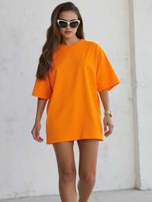 Women's Loose Fit Round Neck Short Sleeve T-Shirt, Suitable For Spring/Summer, Casual/Minimalist/Elegant/Sexy/Streetwear/Y2K Style, Can Be Paired With Office/Home/Streetwear, Cute Top, Elegant, Sexy Clubwear, Casual Summer, Summer T-Shirt, Cute Summer Top, Brunch, Casual Wear, Spring, Summer Top, Autumn Fashion, Autumn, Autumn, Back To School, Campus Wear, Back To School, Y2K Style Women's Top, All White - Orange - View 5