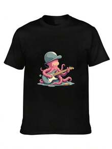 A Cartoon Of An Octopus Playing A Guitar. - Black - View 1