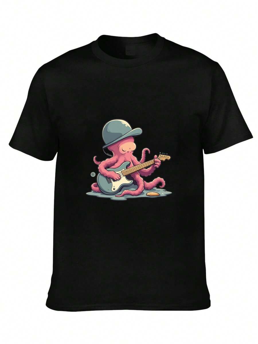 A Cartoon Of An Octopus Playing A Guitar. - Black - View 1