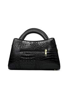 1 件时尚鳄鱼纹仿皮斜挎包 - 纯色大容量单肩包，拉链开合，涤纶衬里，边缘涂漆细节，适合旅行和通勤