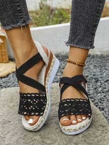 Sandalias de plataforma con cuña para mujer para el verano, de estilo versátil y casual con un diseño de correa de paja tejida con encaje de 2025, de gran tamaño, con estampado floral, elásticas y transpirables
