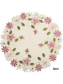4 件套刺绣镂空亚麻餐垫，粉色花卉刺绣设计餐垫，适合日常使用、婚礼、派对装饰，耐热 - 淺粉色 - 查看 6
