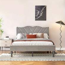 Full Size Modern Platform Bed  With Upholstered Head  Wooden Slats  No Box Spring Needed, Easy Assembly, Grey - Grey Velvet - View 2