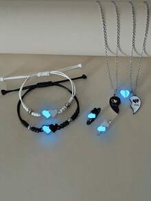 ATLVXJL 6件套夜光极简双心项链、手链、戒指首饰套装，休闲情侣配饰，适合日常佩戴和情人节礼物 - 彩色 - 查看 6