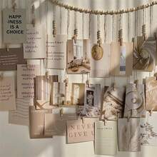 Bohemian Style Hanging Photo Display With Wooden Bead Wreath - Country Linen Wall Art For Dorm, Classroom And Bedroom | Natural Wood Frame Design, Attractive Room Decor, Perfect For Cherished Memories, Bohemian Home Decor - 彩色 - 查看 7