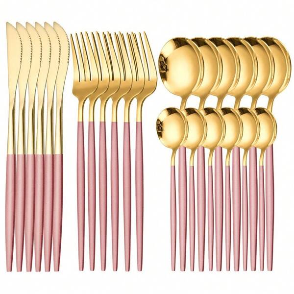 1pc/4pcs/16pcs/24pcs/32pcs Set Rose Gold Stainless Steel Elegant Cutlery Set, Including Knife, Fork, Spoon, Dessert Spoon, Kitchen Utensils, Suitable For Home, Kitchen, Restaurant, Hotel, Party, New Year, Festival, Wedding,School Supplies