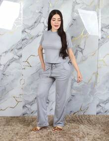 camiseta cuello redondo de hombros caídos y pantalones largos acampanados con cordón delantero y cintura alta moda casual cómoda - Gris - Ver 2