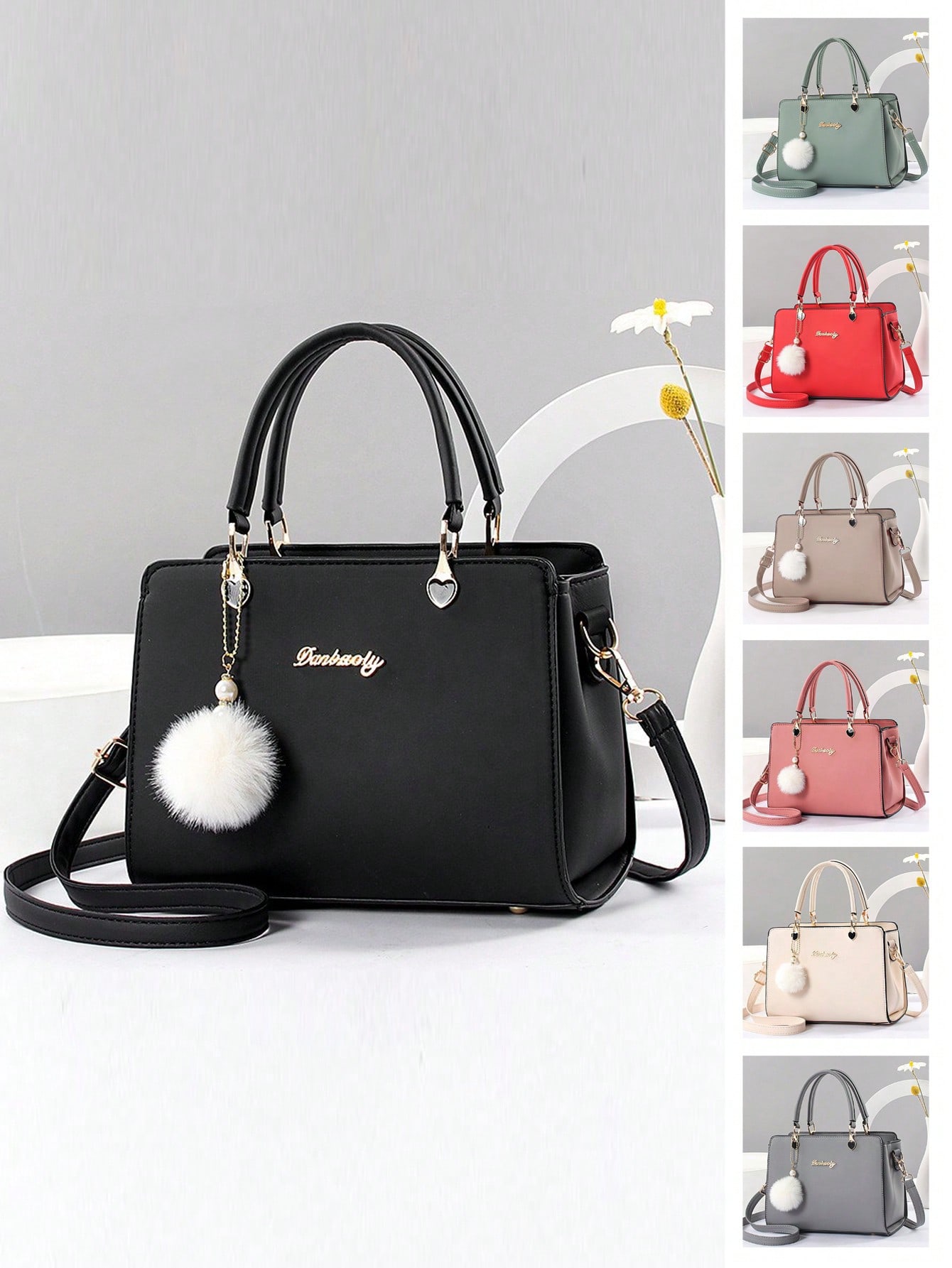 مجموعة محفظة وحقيبة يد بلون أحادي من الجلد الصناعي...